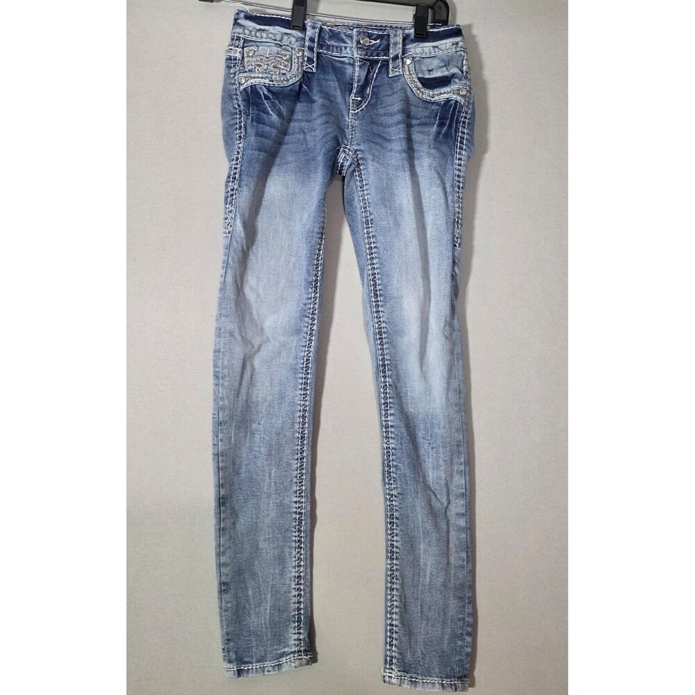 Rock Revival Jeans Women’s 24 Skinny Rhinestone Fleur-de-Lis Y2K Distressed